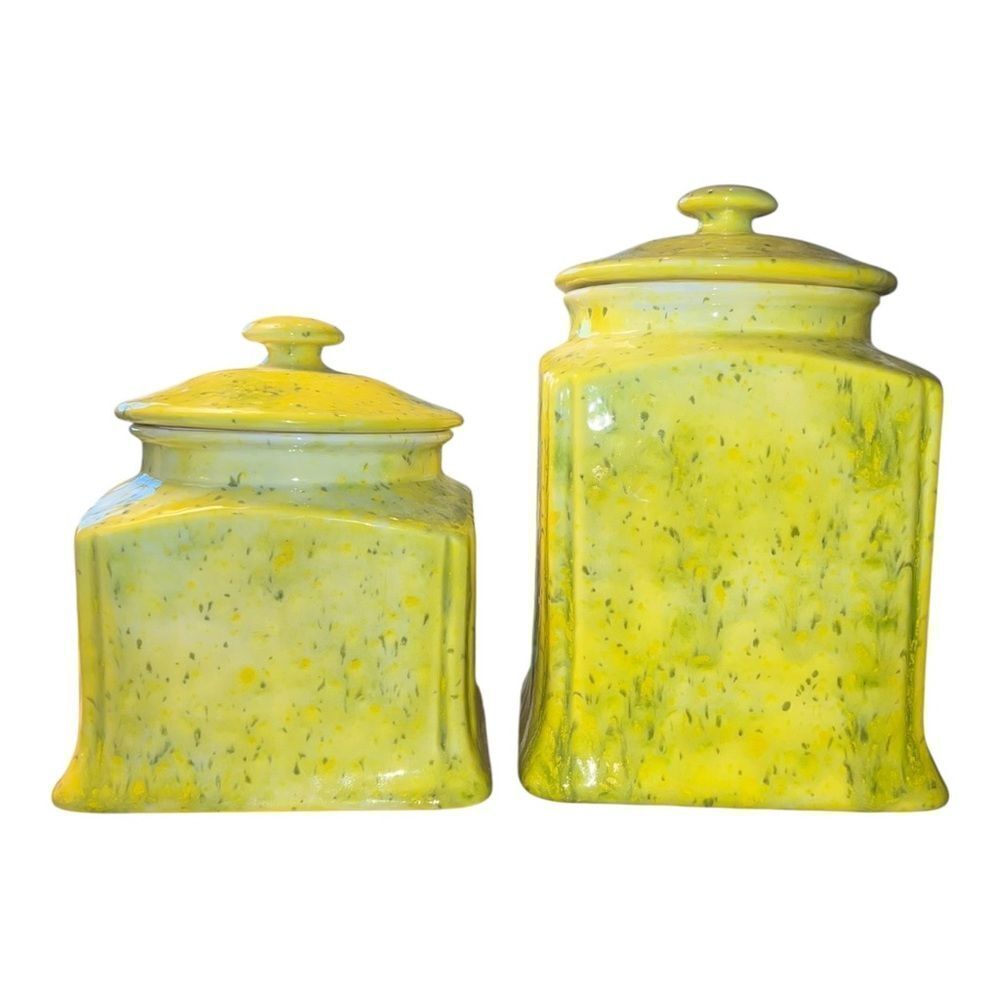 Handmade Yellow & Green Splatter Ceramic Canister Set of 2 w/ Lids EUC